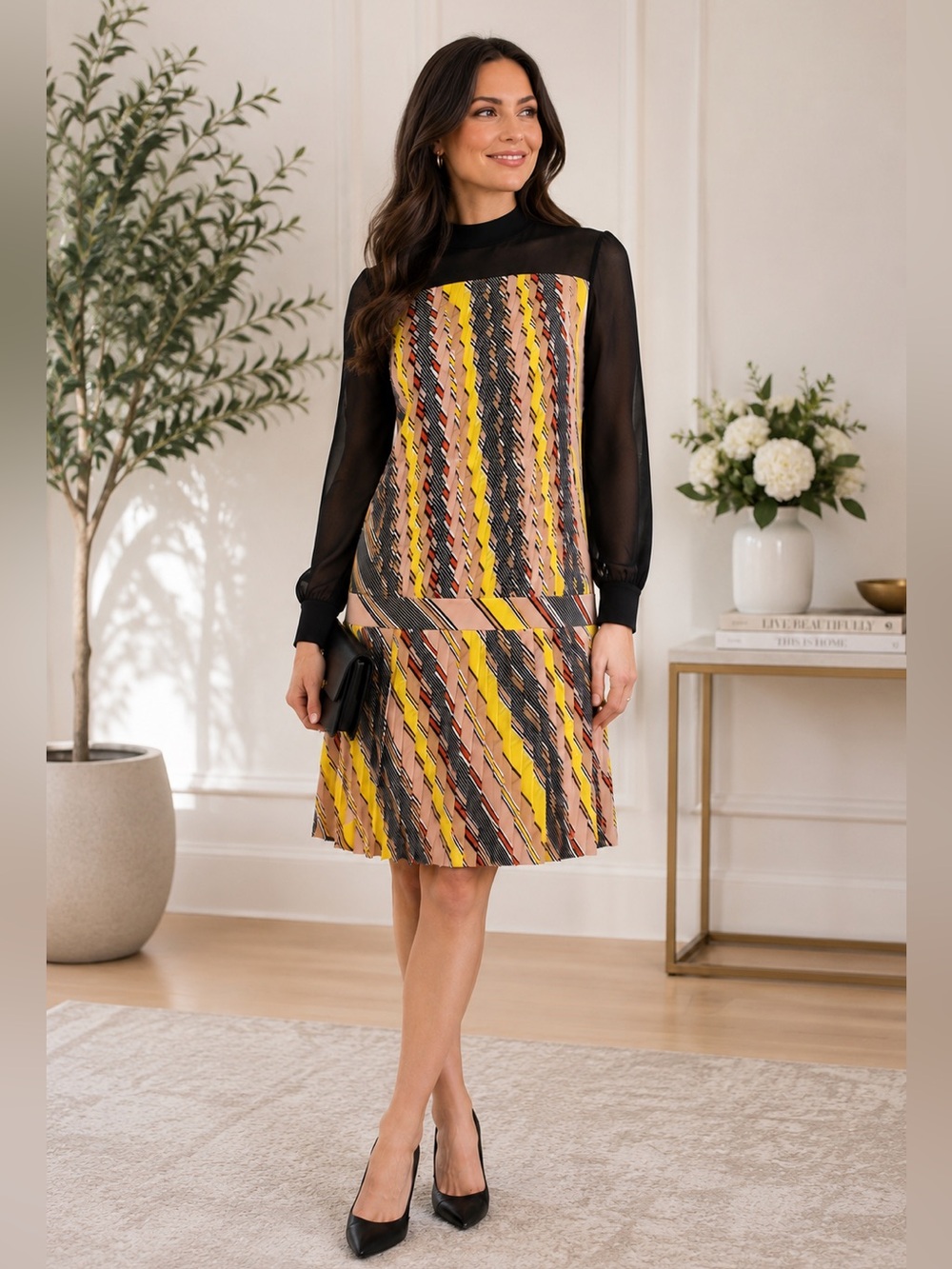 Karen Millen Pleated Stripe Mock Neck Dress Sheer Sleeves US 6 UK 10 NWT